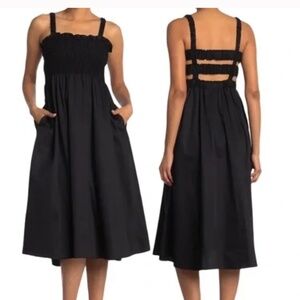 Topshop Smocked Cotton Poplin Midi Black Dress
